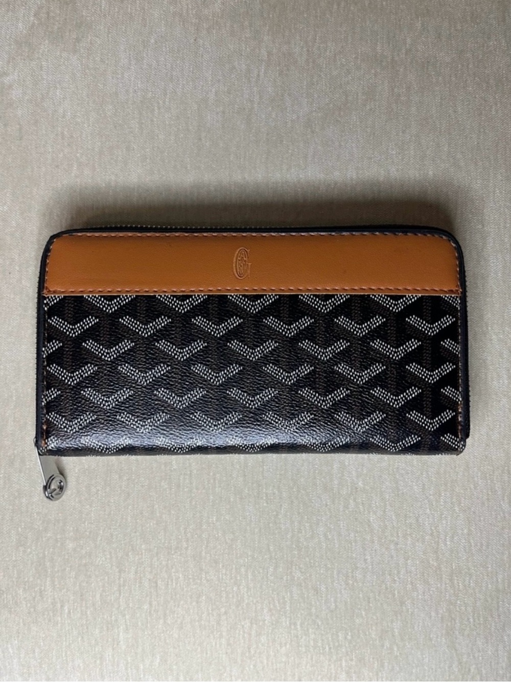 Black Patterned Zip Wallet with Tan Accent